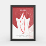 A framed poster featuring a stylized red and white map of Canada with the word CANADA at the top and track details at the bottom, shown in a black frame against a light gray background.