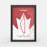 A framed poster featuring a stylized red and white map of Canada with the word CANADA at the top and track details at the bottom, shown in a black frame against a light gray background.