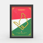 A framed art print featuring the Hungary race track overlaid on the Hungarian flag colors of red, white, and green, presented in a black frame against a light gray background.Detailed Hungaroring track 3D printed layered side view