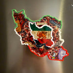 Fridge magnet shaped like  map of Iran with cultural elements on fridge