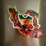 Fridge magnet shaped like  map of Iran with cultural elements on fridge
