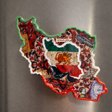 Fridge magnet shaped like a map of Iran with a colorful design on a metallic surface