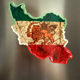 Iran map fridge magnet featuring Lion and Sun design on stainless steel refrigerator surface