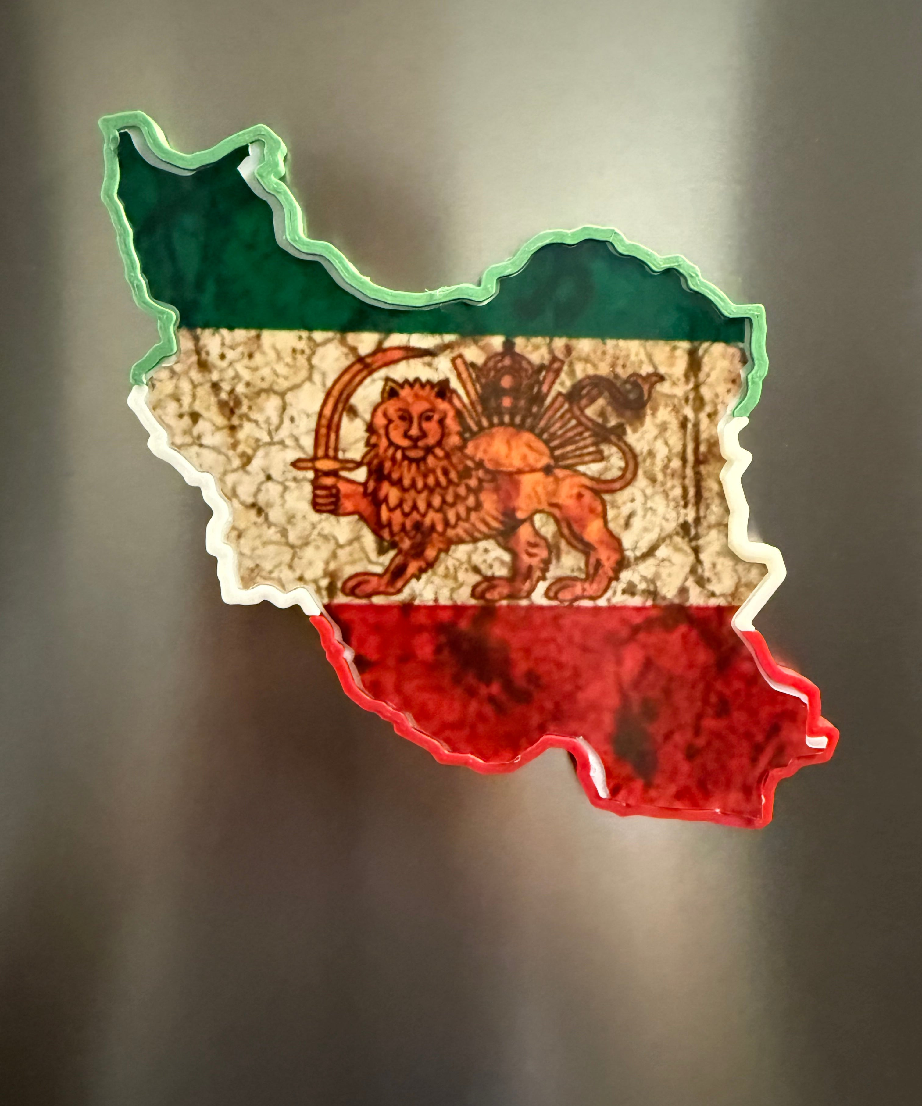 Iran map fridge magnet featuring Lion and Sun design on stainless steel refrigerator surface