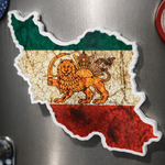 Fridge magnet shaped like a map of Iran with a lion and sun emblem on a metallic surface.