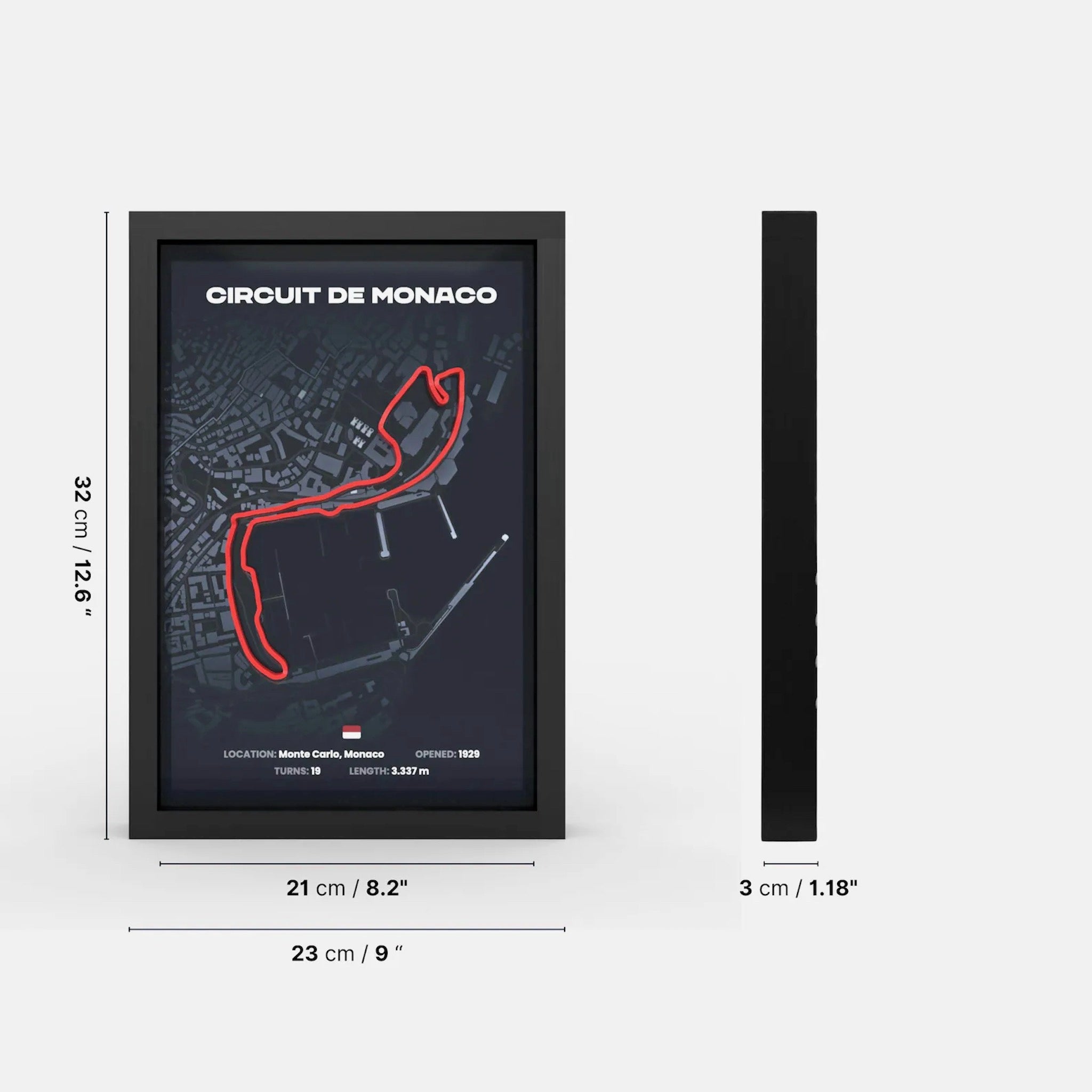 Framed Formula 1 Monaco circuit artwork shown with front and side view dimensions for size and depth reference