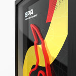 A framed poster featuring a stylized yellow and red abstract design with the text 'SPA FRANCORCHAMPS' on a black background.
Spa Francorchamps F1 track framed wall art front view