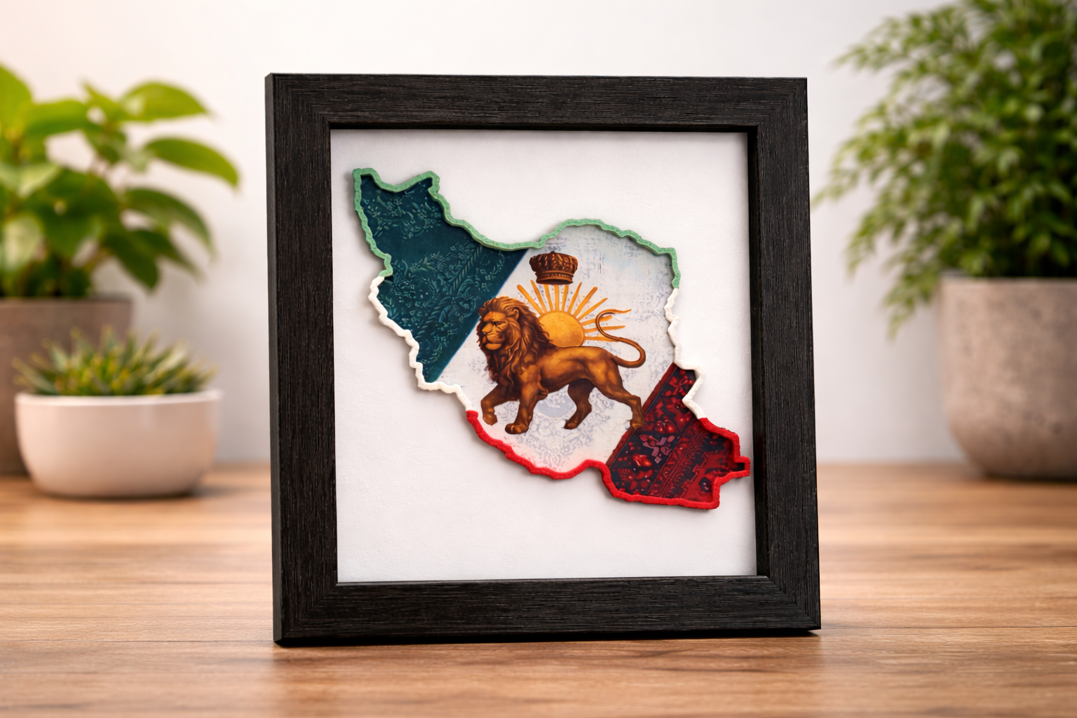 “Framed Iran map wall art with 3D layered design and lion and sun centerpiece”
