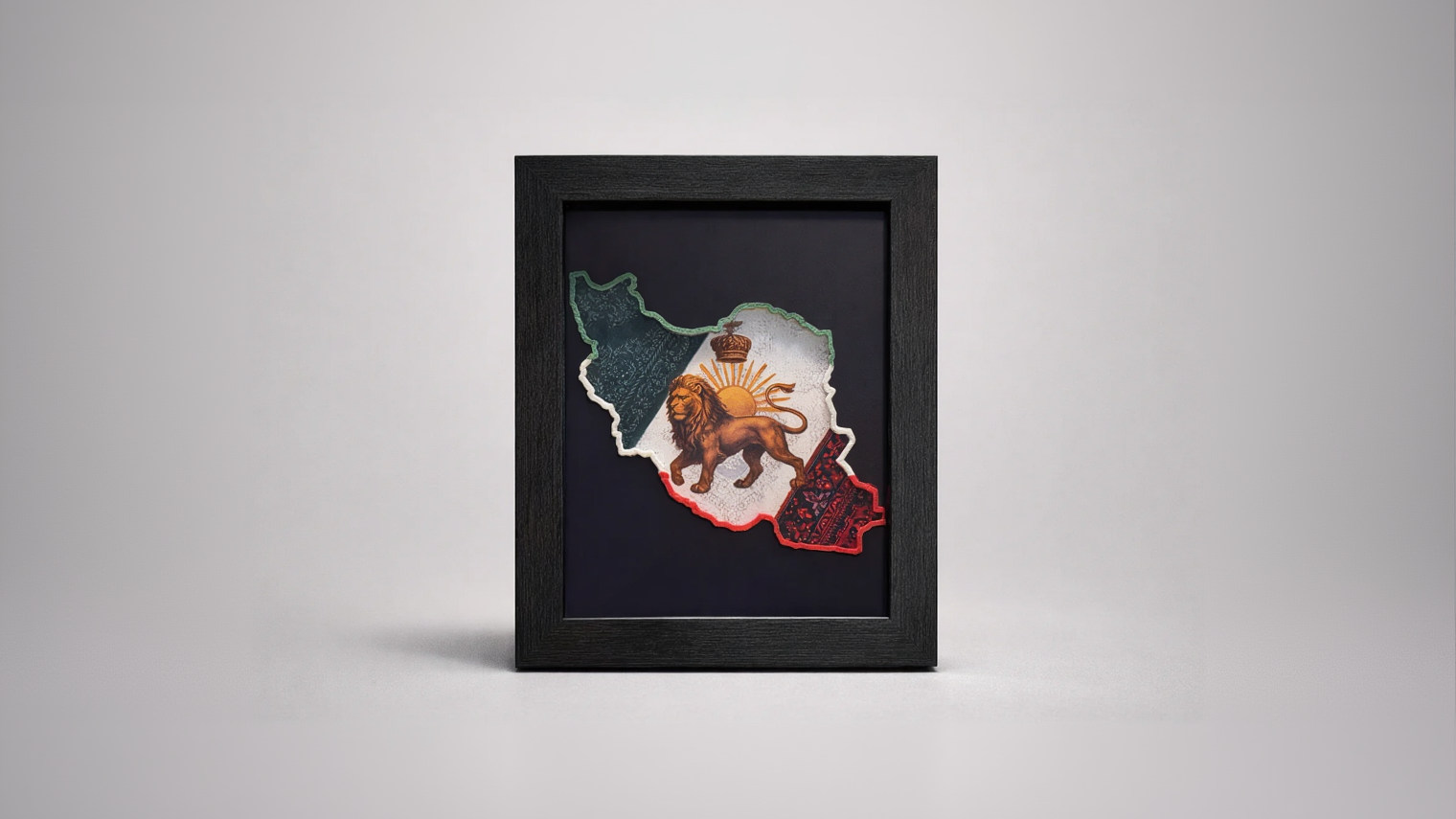 “Iran 3D wall art in black shadowbox frame on dark background, premium decor photo”