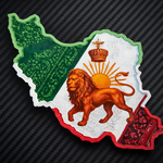 Close-up of Lion & Sun Iran map magnet showing layered edges and detailed emblem finish