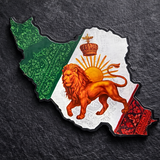 Lion & Sun Iran map magnet displayed on stainless steel refrigerator holding grocery note and photo.