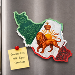Iran map magnet with Lion & Sun emblem displayed in modern kitchen setting on refrigerator door