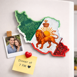 Iran map magnet with Lion & Sun emblem displayed in modern kitchen setting on refrigerator door