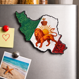 Fridge magnet of a lion and sun design on a refrigerator with other magnets and a plant in the background.
