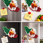Multiple lifestyle views of Lion & Sun Iran map magnet displayed on different refrigerator surfaces