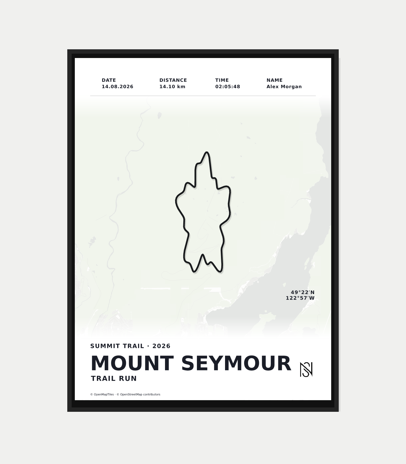 Mono Map custom route poster with geographic basemap, personalized details and black Nova logo. Illustrative synthetic route.